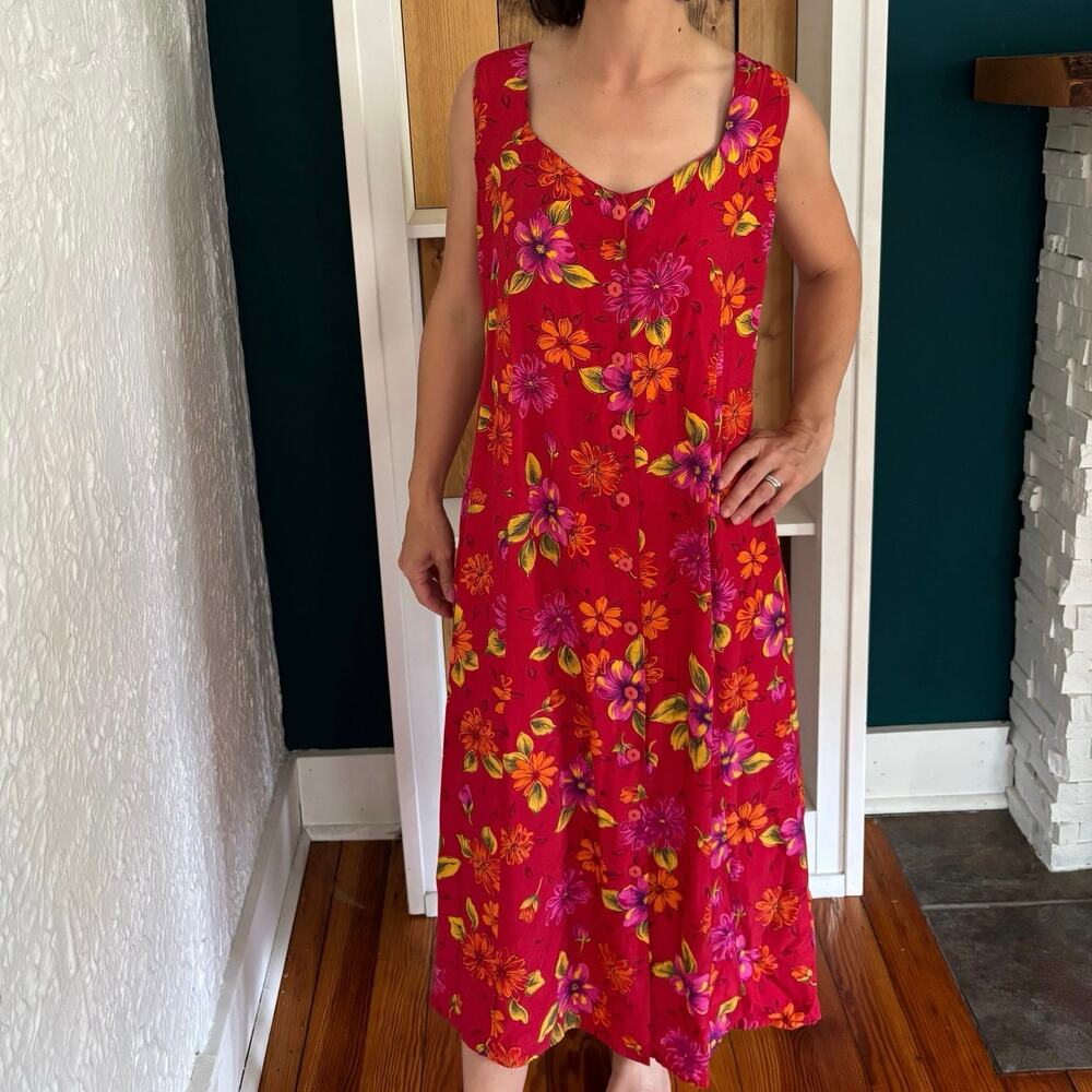 Vintage Red Floral Picnic Dress corset back Womens' Medium/Large - CottageCore